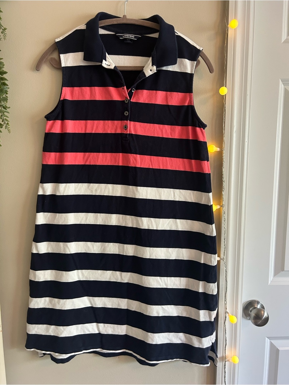 Lands End Collared Navy, White & Coral Striped Polo Dress
